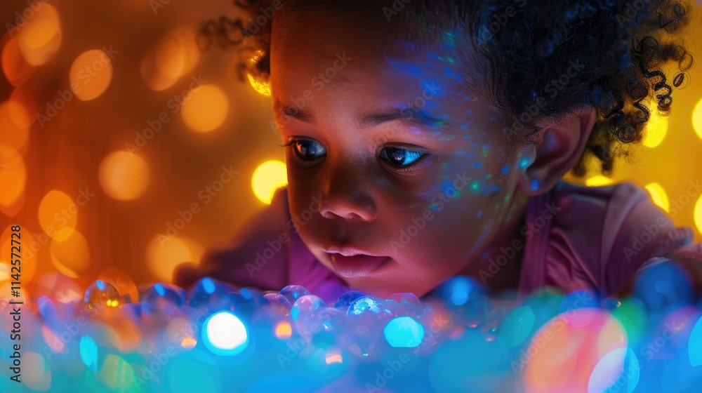 Enchanted african child gazing at colorful lights in wonder, sensory activities Enchanted african child gazing at colorful lights in wonder, sensory activities