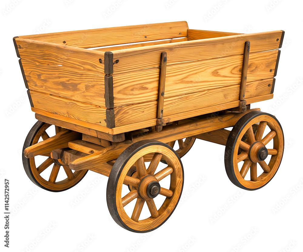An ancient four-wheel oak cart with a rugged frame, detailed craftsmanship, and a weathered finish An ancient four-wheel oak cart with a rugged frame, detailed craftsmanship, and a weathered finish