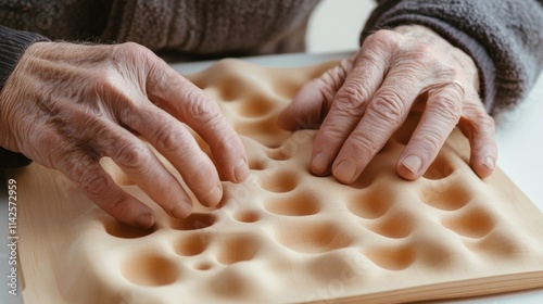 Elderly caucasian hands exploring tactile surface for sensory stimulation