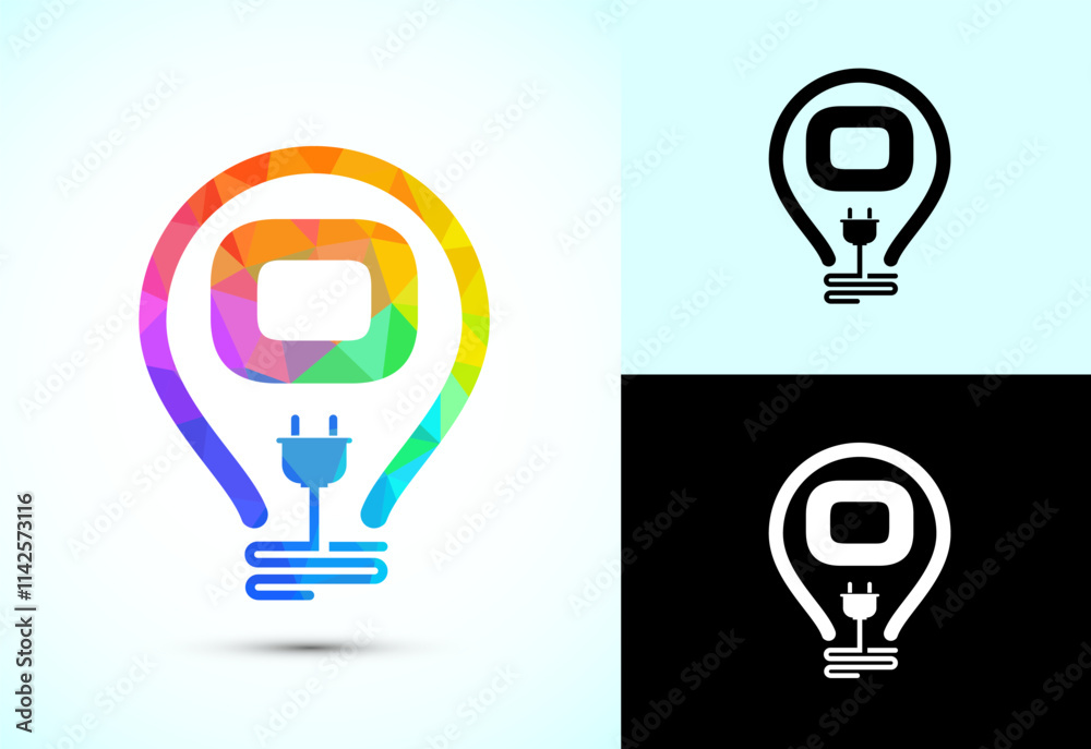 Initial alphabet O with an electric bulb and plug. Electricity logo design template low poly style Initial alphabet O with an electric bulb and plug. Electricity logo design template low poly style