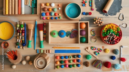 Colorful assortment of wooden montessori toys and craft supplies on a table photo