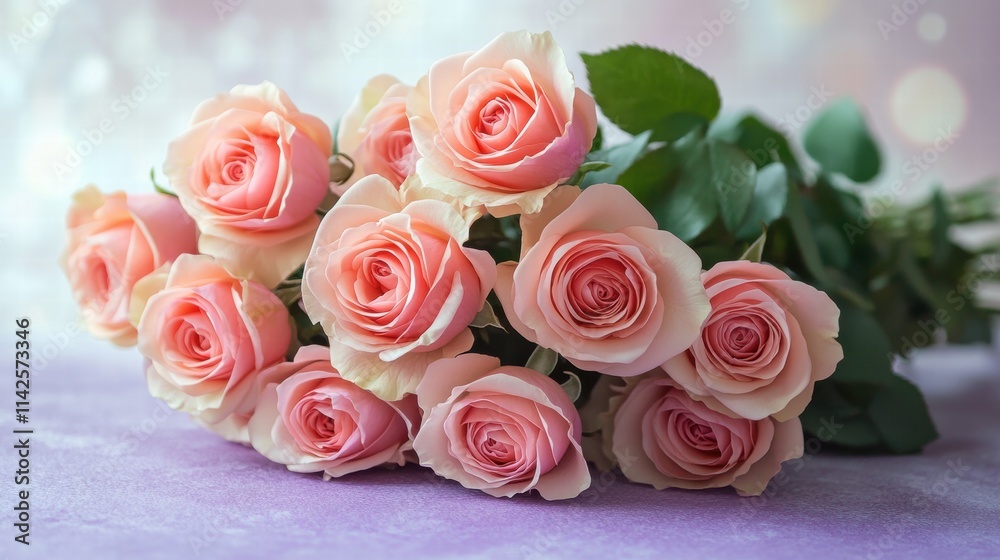 A bouquet of pastel pink roses on a soft lavender background A bouquet of pastel pink roses on a soft lavender background