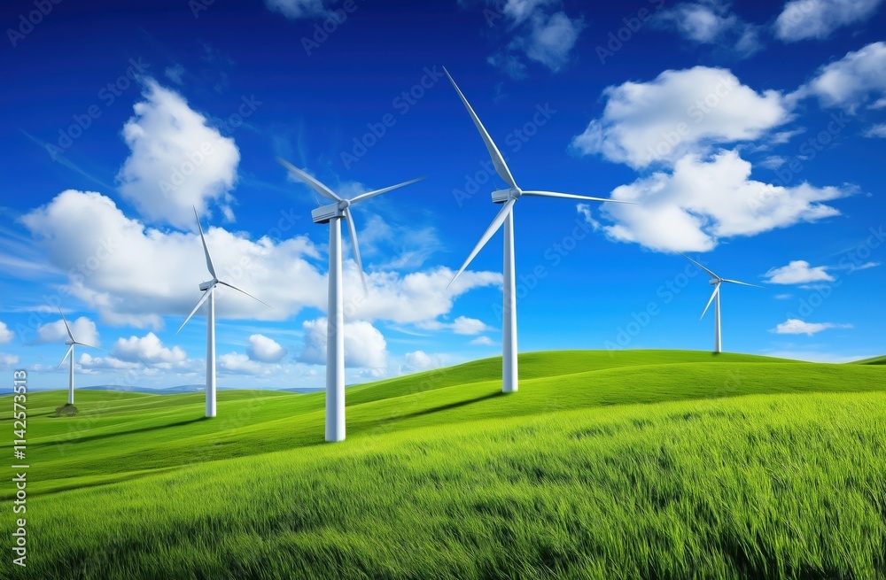 Wind turbines in a green field with a blue sky background Wind turbines in a green field with a blue sky background