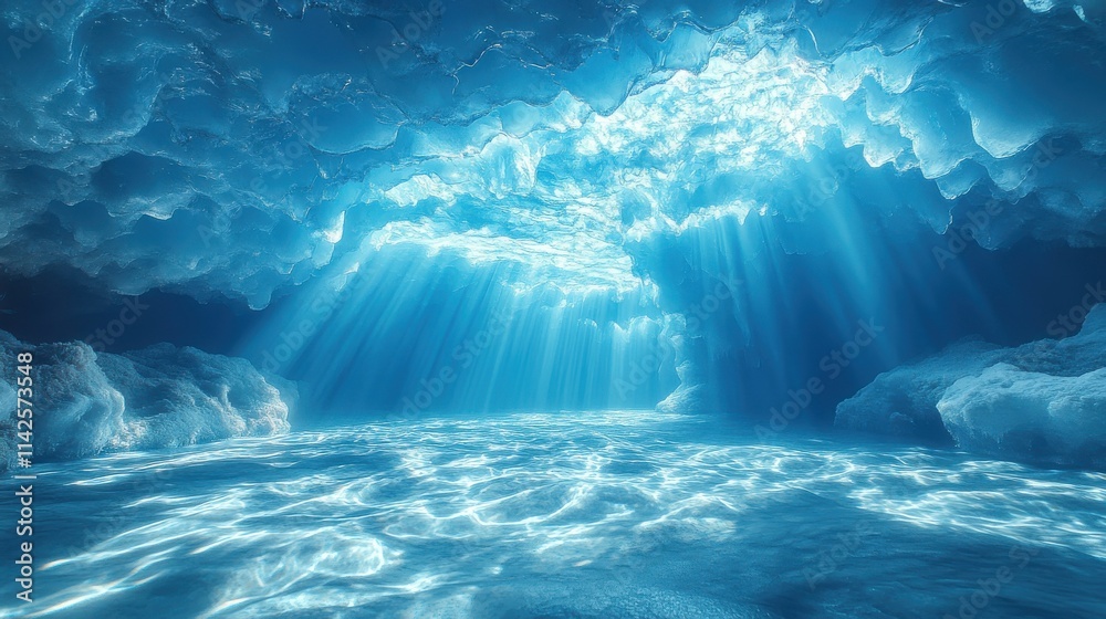 Radiant blue ice cave with shimmering water and beams of light filtering through ice.
