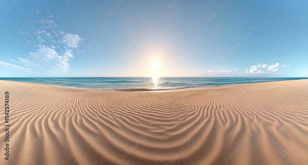 Naklejka premium A panoramic photograph of an empty beach. The sand is rippled by strong winds