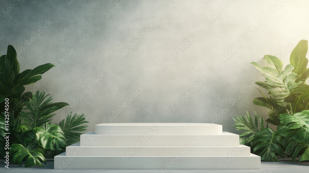 A minimalistic three-step podium surrounded by lush greenery and a soft background creates an inviting atmosphere, Ideal for presentations, product displays, or promotional events, A minimalistic three-step podium surrounded by lush greenery and a soft background creates an inviting atmosphere, Ideal for presentations, product displays, or promotional events,