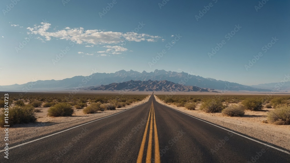 A long, straight road cuts through a desert landscape, leading towards a majestic mountain range under a clear blue sky. The scene evokes a sense of journey and adventure A long, straight road cuts through a desert landscape, leading towards a majestic mountain range under a clear blue sky. The scene evokes a sense of journey and adventure