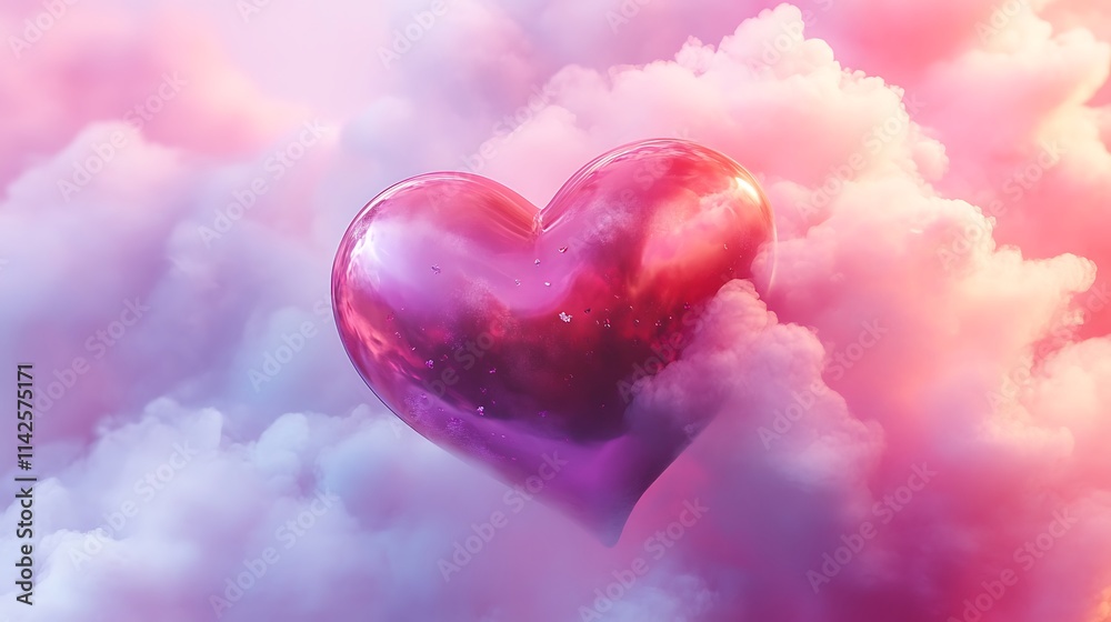An abstract and dreamy background is created by a colorful Valentine's Day heart floating in gentle pink and lavender clouds. An abstract and dreamy background is created by a colorful Valentine's Day heart floating in gentle pink and lavender clouds.