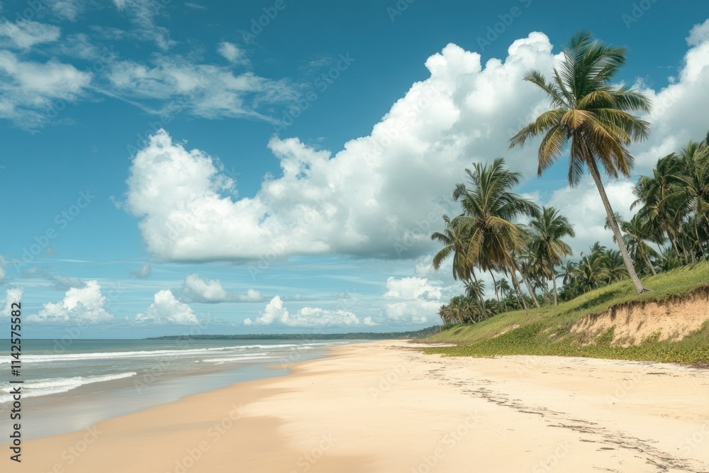 Tropical sandy beach with palm trees and calm turquoise sea under a bright blue sky Tropical sandy beach with palm trees and calm turquoise sea under a bright blue sky