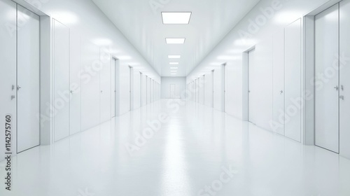 Wallpaper Mural A long, empty corridor with white walls and multiple closed doors. Torontodigital.ca