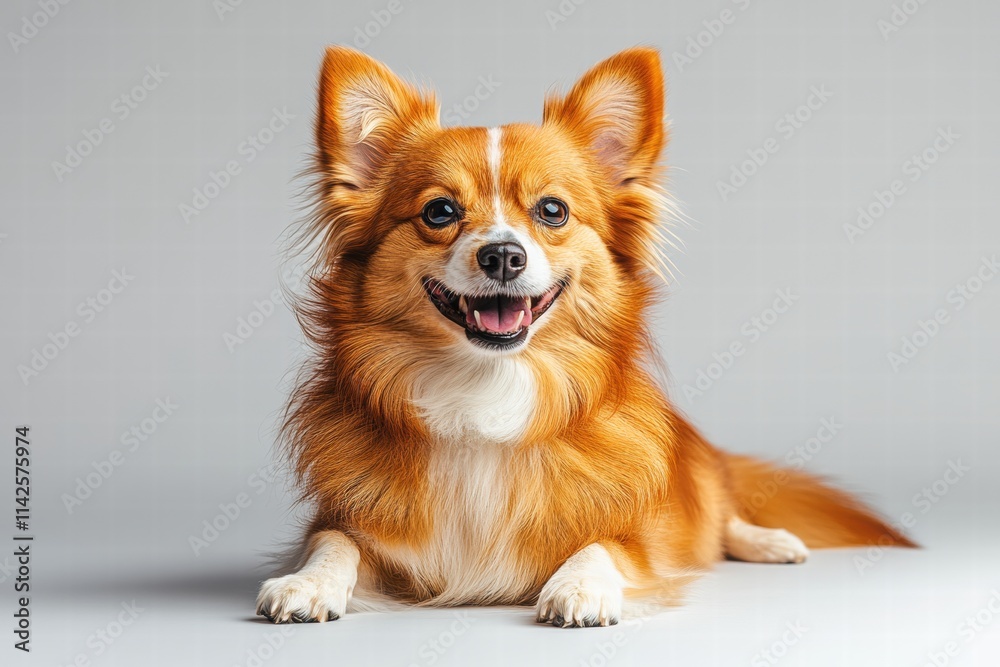 Playful Chihuahua Dog with Fluffy Coat Smiling in Studio Setting Playful Chihuahua Dog with Fluffy Coat Smiling in Studio Setting
