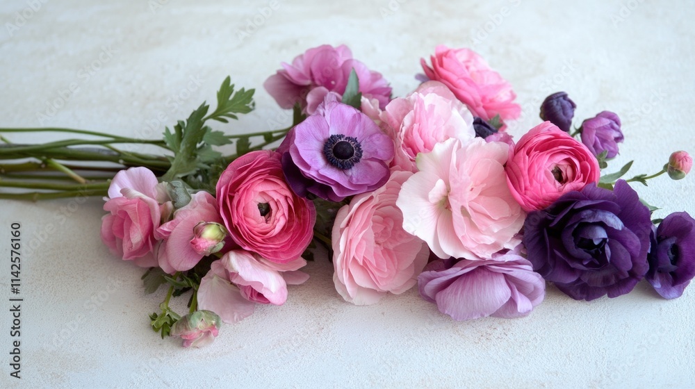 Vibrant bouquet of pink and purple ranunculus and anemones on textured surface Vibrant bouquet of pink and purple ranunculus and anemones on textured surface
