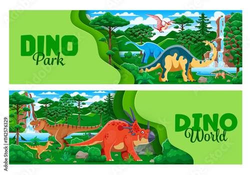 Dino park paper cut banners with prehistoric dinosaurs characters. Funny jurassic dinos at forest background with vector 3d paper cut borders. Cartoon tyrannosaurus, velociraptor, pteranodon dinosaurs
