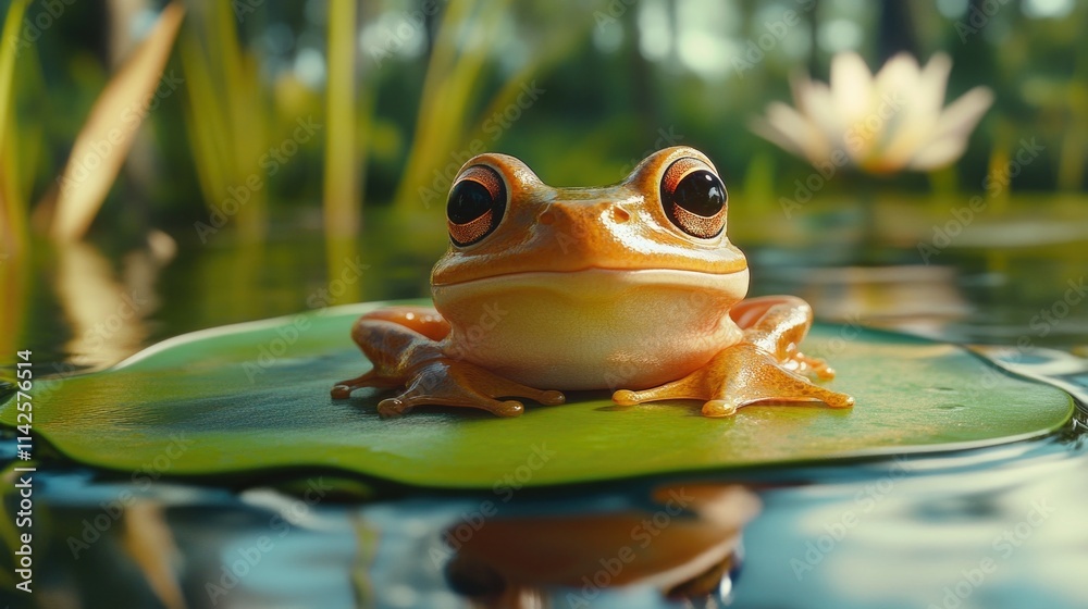 Vibrant orange frog on lily pad in tranquil pond environment Vibrant orange frog on lily pad in tranquil pond environment