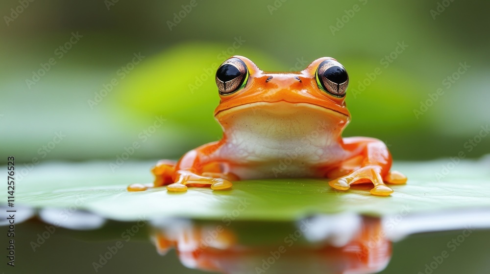 Naklejka premium Vibrant orange frog sitting on leaf in natural habitat