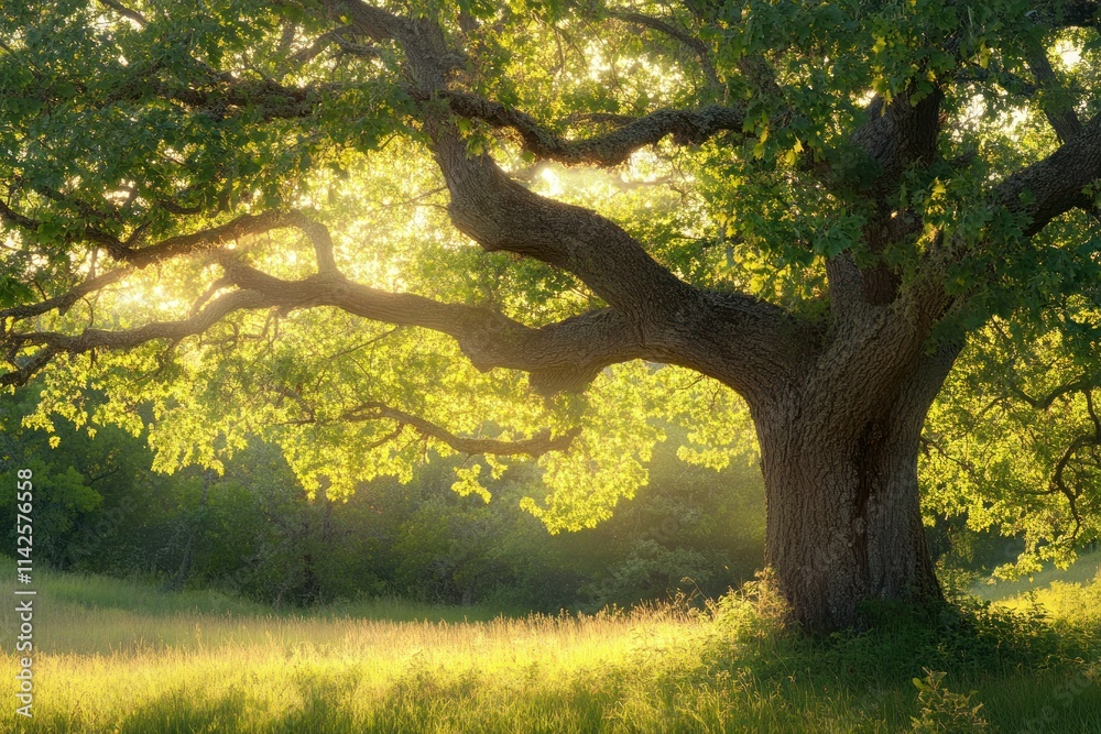 Sunbeams shining through the branches of a majestic oak tree in a grassy meadow Sunbeams shining through the branches of a majestic oak tree in a grassy meadow