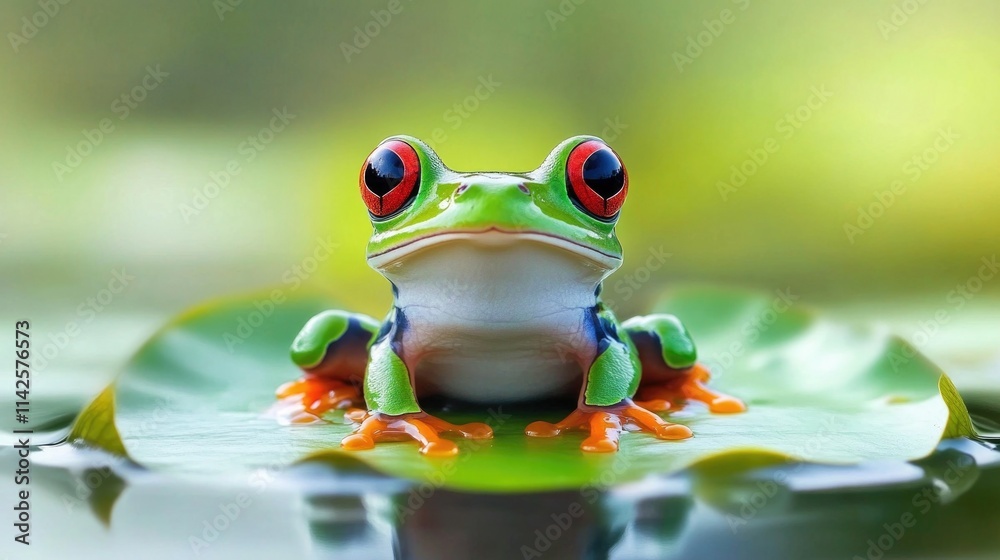 Naklejka premium Vibrant red-eyed tree frog on leaf in lush green habitat