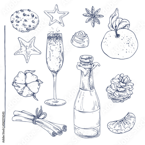 Christmas collection with tangerines, sweets, spices, champagne and plants. Graphic illustration hand drawn in black ink. Clip art, set of elements EPS vector.