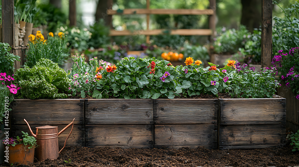Antique wooden planters a garden bed of compost with closeup of wooden trellises heirloom vegetables climbing and vintage copper watering cans resting on soil Antique wooden planters a garden bed of compost with closeup of wooden trellises heirloom vegetables climbing and vintage copper watering cans resting on soil