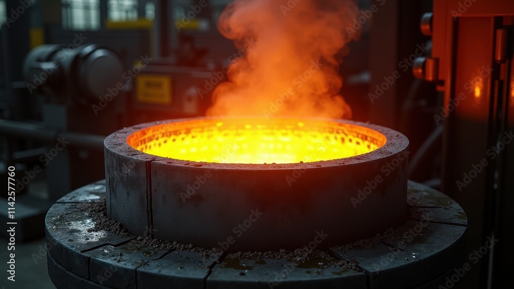 Molten Metal Pouring in Industrial Foundry with Intense Heat and Glow Molten Metal Pouring in Industrial Foundry with Intense Heat and Glow