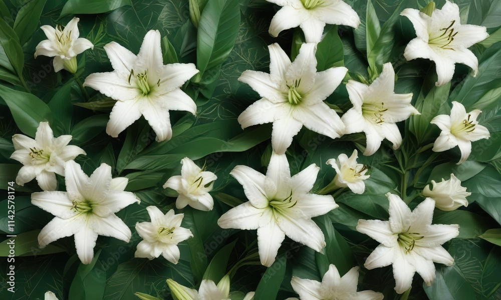 Minimalistic flat lay of white lilies and green leaves on a green patterned surface, stylish, decoration, minimal, basic