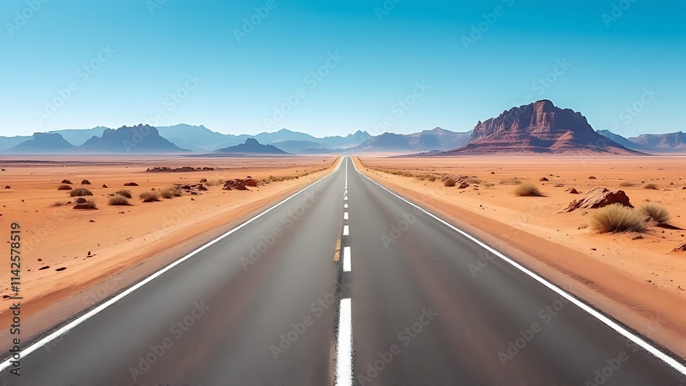 Naklejka premium Driving on a new modern asphalt road, perspective in the desert