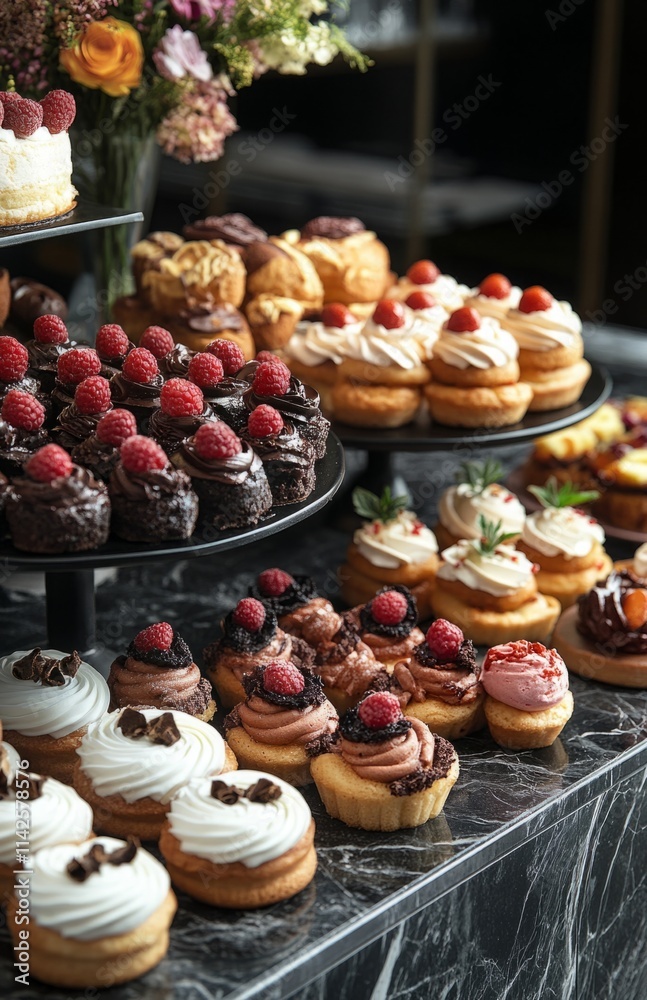 Colorful Pastries and Cakes Display in Elegant Bakery with Dark Chocolate Bonnets Colorful Pastries and Cakes Display in Elegant Bakery with Dark Chocolate Bonnets