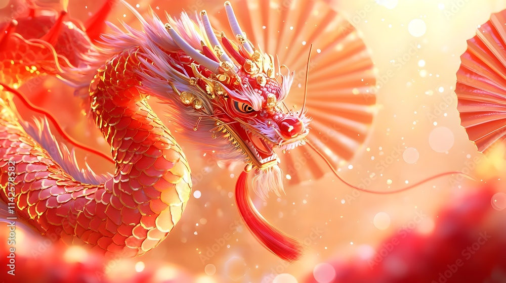 A red dragon with a red tail is on a pink background A red dragon with a red tail is on a pink background