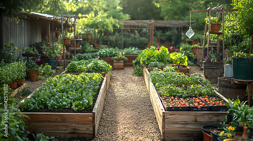 Fotografie Raised beds filled soil compost and antique iron planters surrounded by vintage
