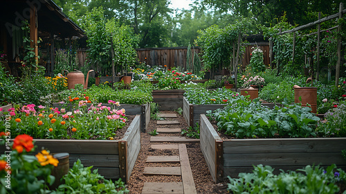 Photos Raised garden beds brimming rich compost soil and heirloom vegetables surrounded