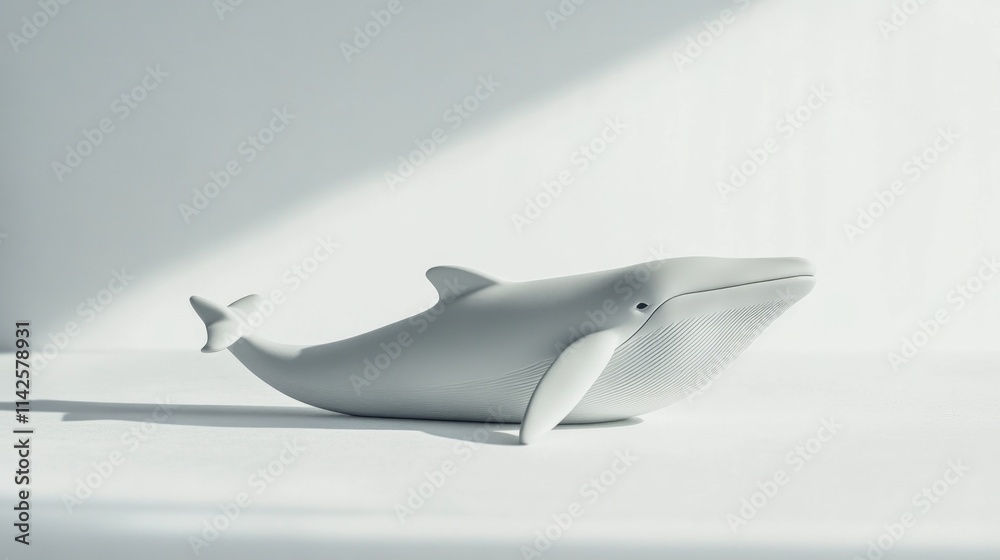 Minimalist gray whale sculpture on white surface in soft light, world whale day Minimalist gray whale sculpture on white surface in soft light, world whale day