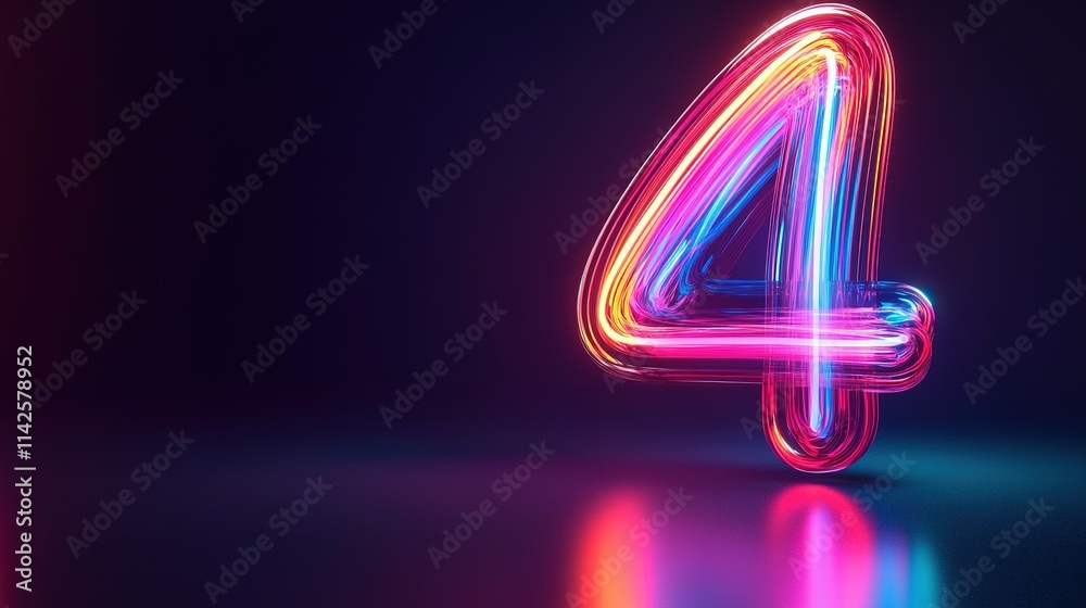Vibrant neon number four with reflection. Vibrant neon number four with reflection.