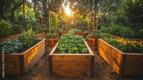 Billede på lærred Raised garden beds filled soil antique copper planters compost piles and delicat