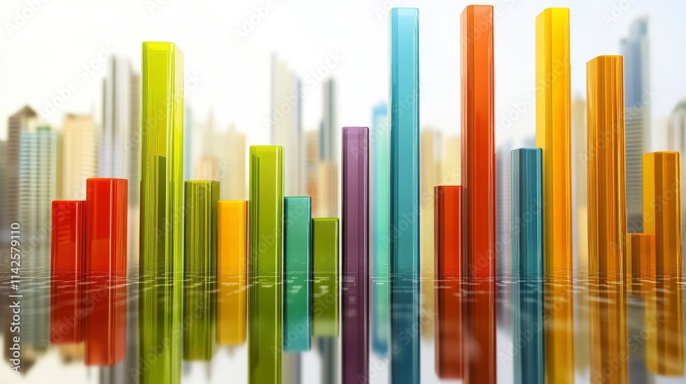 Obraz premium Colorful Data Visualization with Tall Bars Against Urban Background