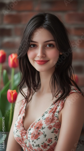 Young woman wearing a floral dress smiling near tulips, celebrating easter with joy and happiness