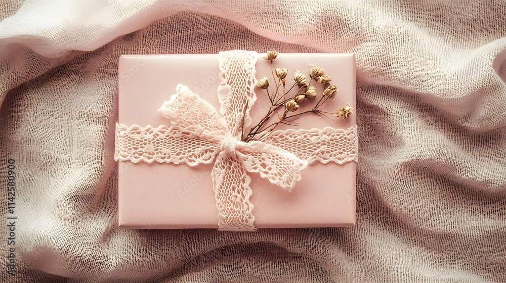 Elegant Pastel Pink Gift Box with Lace Ribbon and Delicate Flowers Elegant Pastel Pink Gift Box with Lace Ribbon and Delicate Flowers
