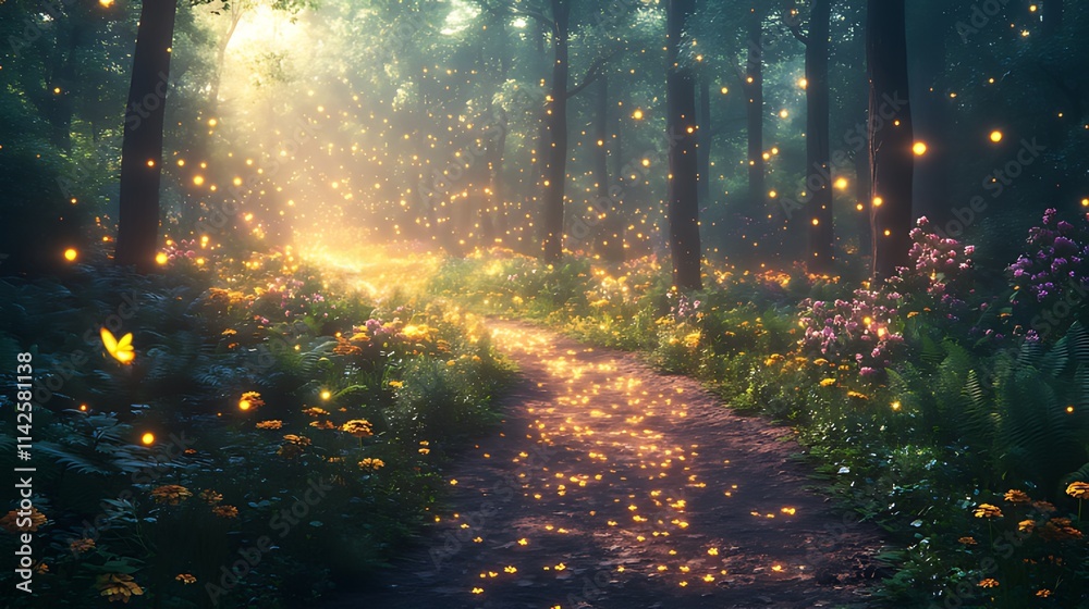 Obraz premium Magical forest path with fireflies, flowers, and sunlight.