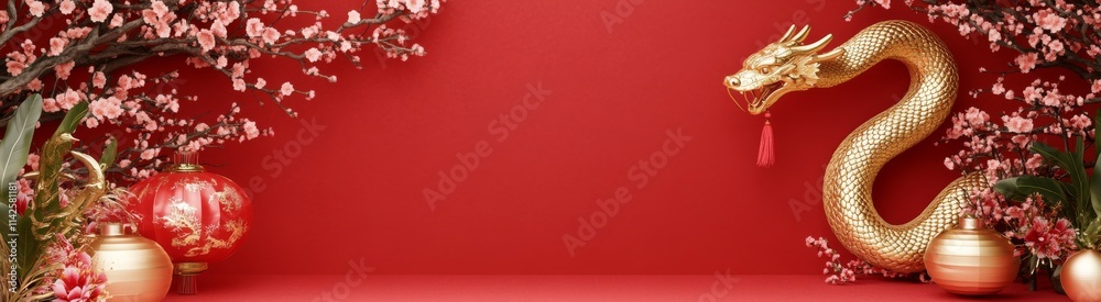 Fototapeta premium Golden Dragon Lunar New Year: A majestic golden dragon figurine stands proudly against a vibrant red backdrop, adorned with delicate pink blossoms and traditional Chinese ornaments.