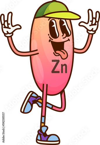 Cartoon groovy Zn vitamin and micronutrient character. Isolated vector cheerful Zinc supplement pill strikes a playful pose with rock hand signs, wearing a hippie cap and sneakers, exudes funky vibe