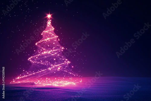 Abstract glowing pink Christmas tree on a snowy night background