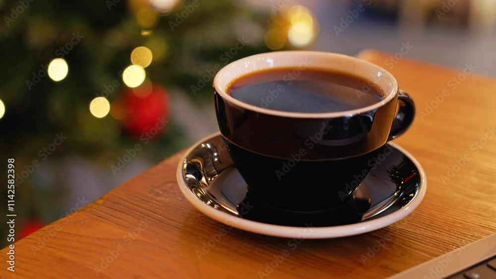 A Cozy Coffee Cup Resting on a Wooden Table Enhanced by Twinkling Christmas Lights and Beautiful Bokeh Effects A Cozy Coffee Cup Resting on a Wooden Table Enhanced by Twinkling Christmas Lights and Beautiful Bokeh Effects