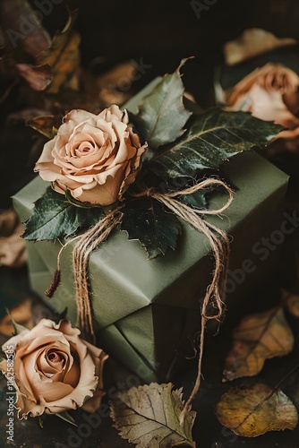 Handmade Retro Gift Wrap with Roses and Green Leaves Decoration