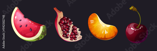 Vector set of fruits. Watermelon, pomegranate, tangerine and cherry