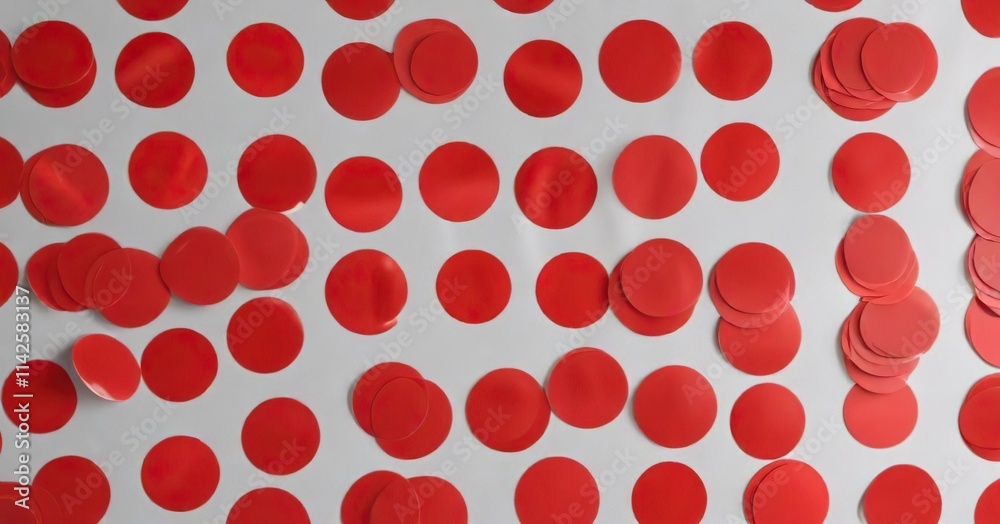 Red round stickers arranged in a pattern on a sheet, red round adhesive paper sticker label arrangement, symmetrical design, design elements Red round stickers arranged in a pattern on a sheet, red round adhesive paper sticker label arrangement, symmetrical design, design elements