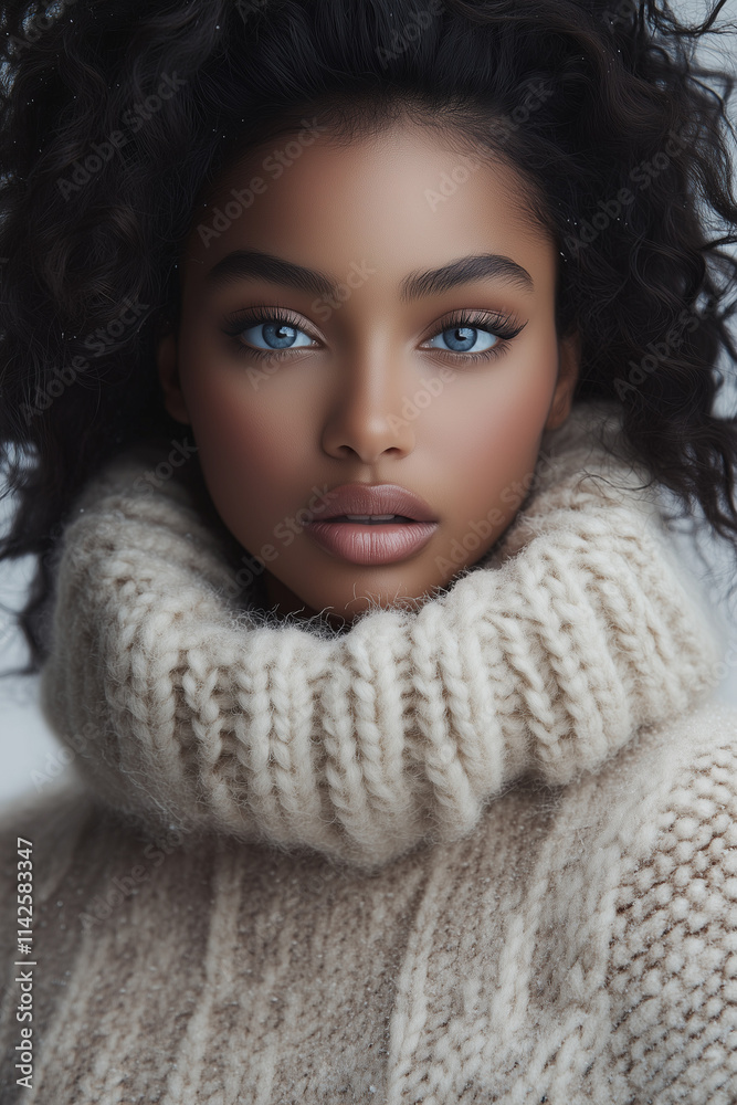 Portrait of Young Dark-Skinned Girl Model with Blue Eyes Wearing Cozy Chic Sweater Portrait of Young Dark-Skinned Girl Model with Blue Eyes Wearing Cozy Chic Sweater
