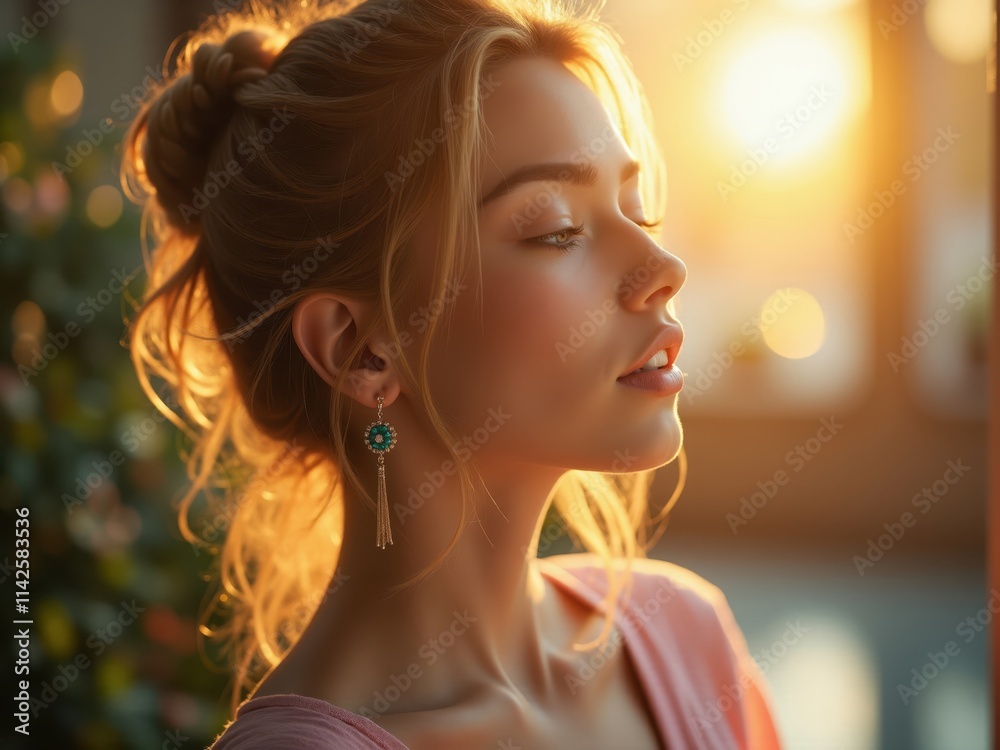Blonde model enjoying golden hour sunlight with eyes closed