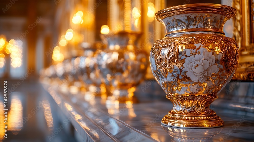 A row of vases sitting on top of a marble counter top A row of vases sitting on top of a marble counter top