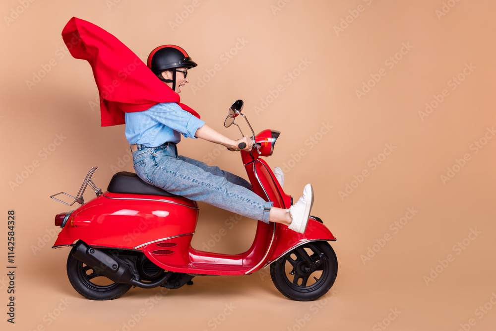 Confident woman riding a red scooter with dignity against a beige background conveying freedom and adventure in a casual, stylish outfit Confident woman riding a red scooter with dignity against a beige background conveying freedom and adventure in a casual, stylish outfit