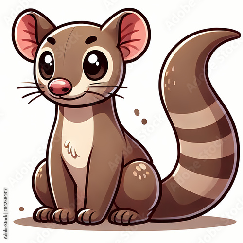 Adorable illustrated fossa with a playful expression, featuring large eyes and a striped tail.