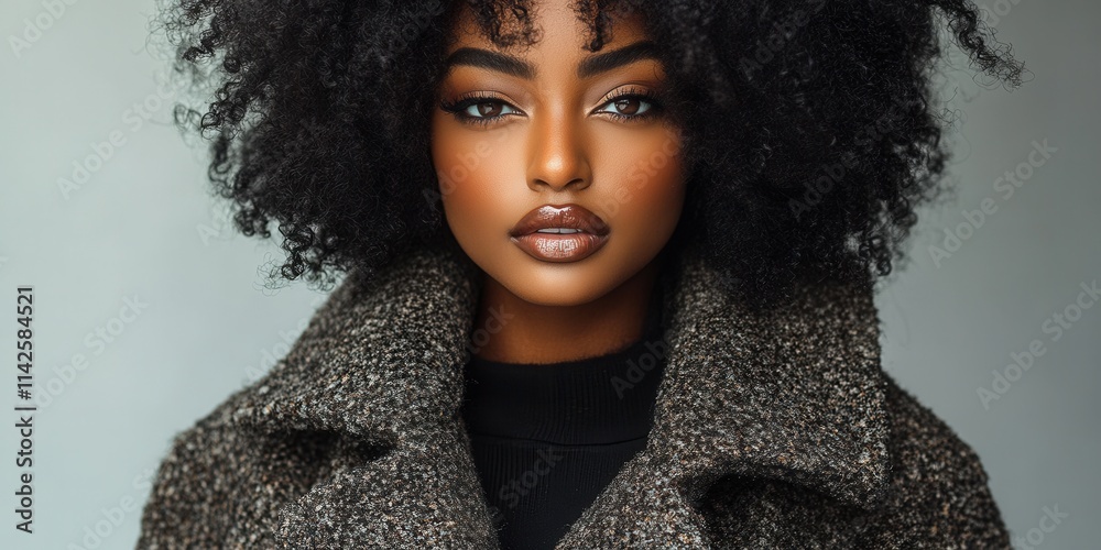 Portrait of a woman with curly hair wearing a stylish coat in a neutral setting during daylight, showcasing beauty and elegance with a confident expression Portrait of a woman with curly hair wearing a stylish coat in a neutral setting during daylight, showcasing beauty and elegance with a confident expression